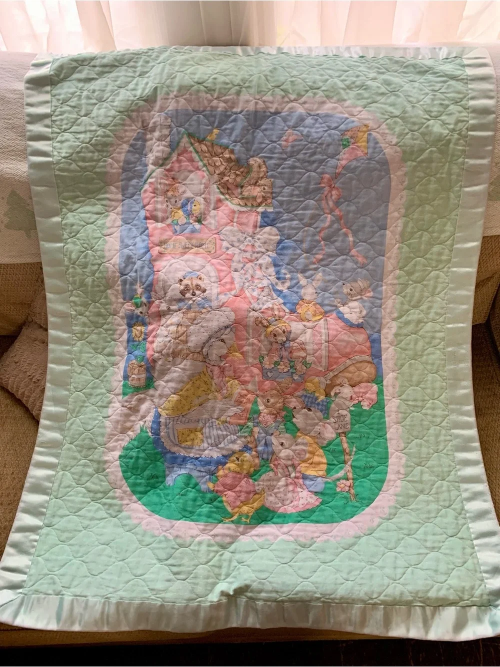 Vintage Quilted Mother Goose Baby Throw w/Trim Pastel Mint & Multi-Color